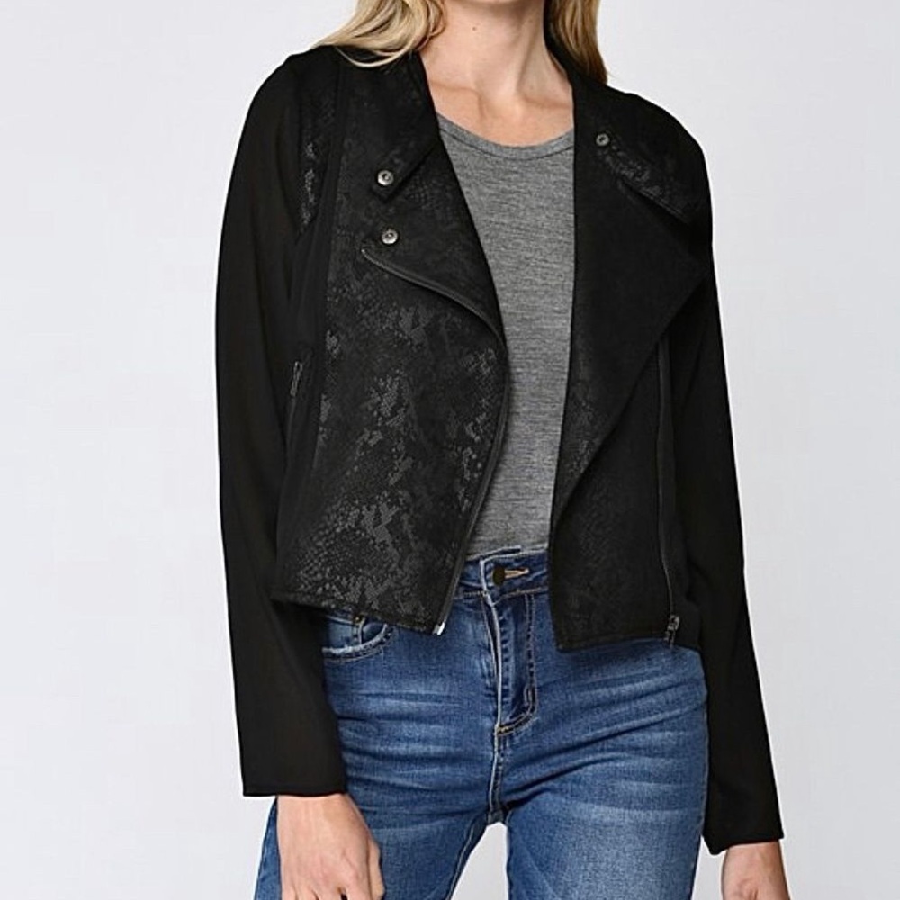 Fate Chevron Black Snake Print Suede Jacket - Size Small